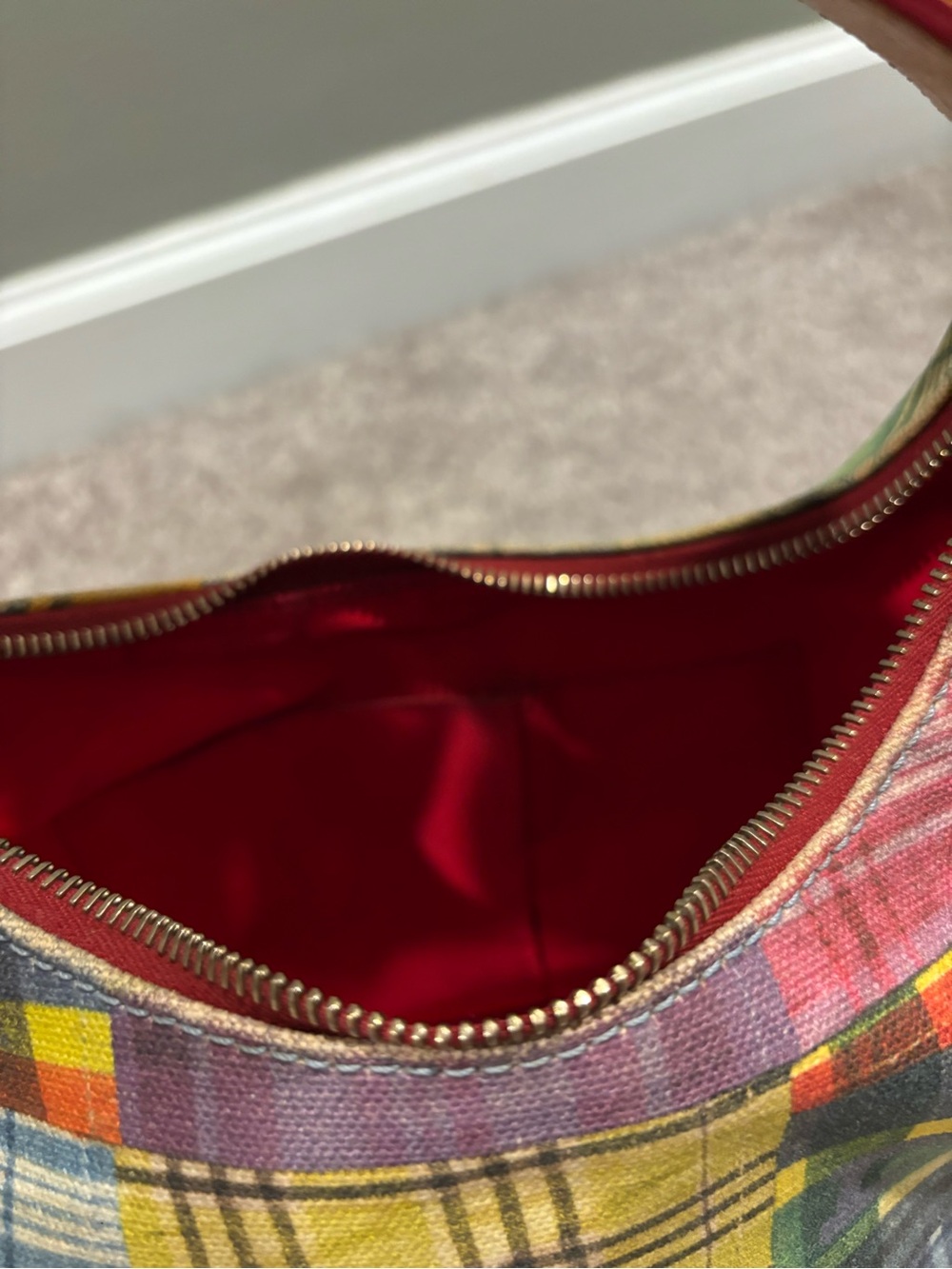 Vintage Dooney & Bourke Madras Picnic Ants Plaid Leather Shoulder Bag - Picture 7 of 9
